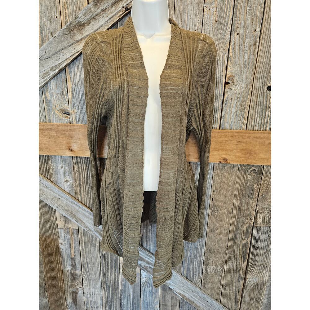 Eileen fisher linen blend Italian yarn cardigan green open jacket EUC size L ^